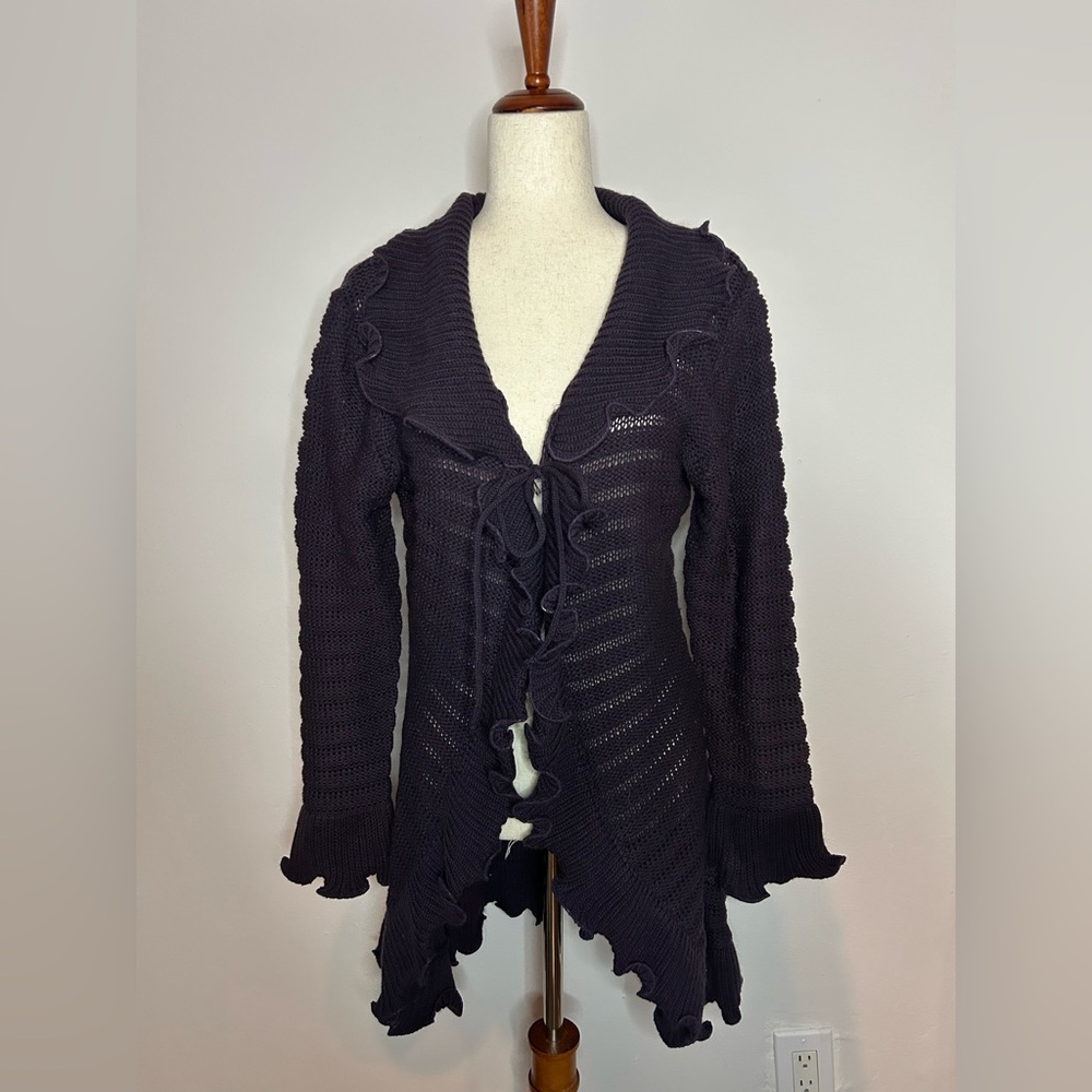 NEW FASHION Purple Wool Knit Front Tie Ruffle Trim Cardigan Sweater